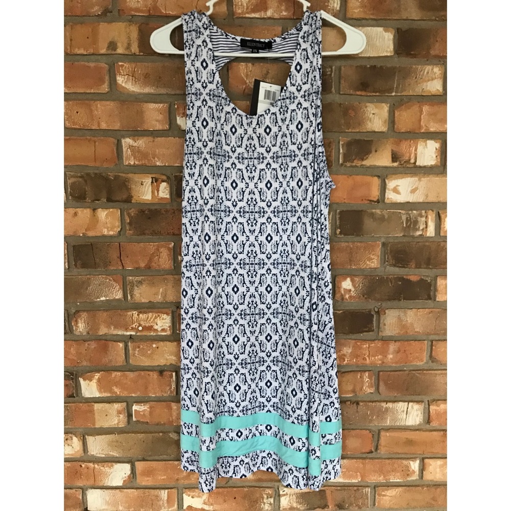 Ellen Tracy Women’s Jersey Knit White and Blue Print Tank Dress Size 1X